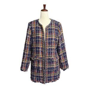 Chico's Navy and Yellow Tweed Blazer with Gold Chain Hardware Size Large C1